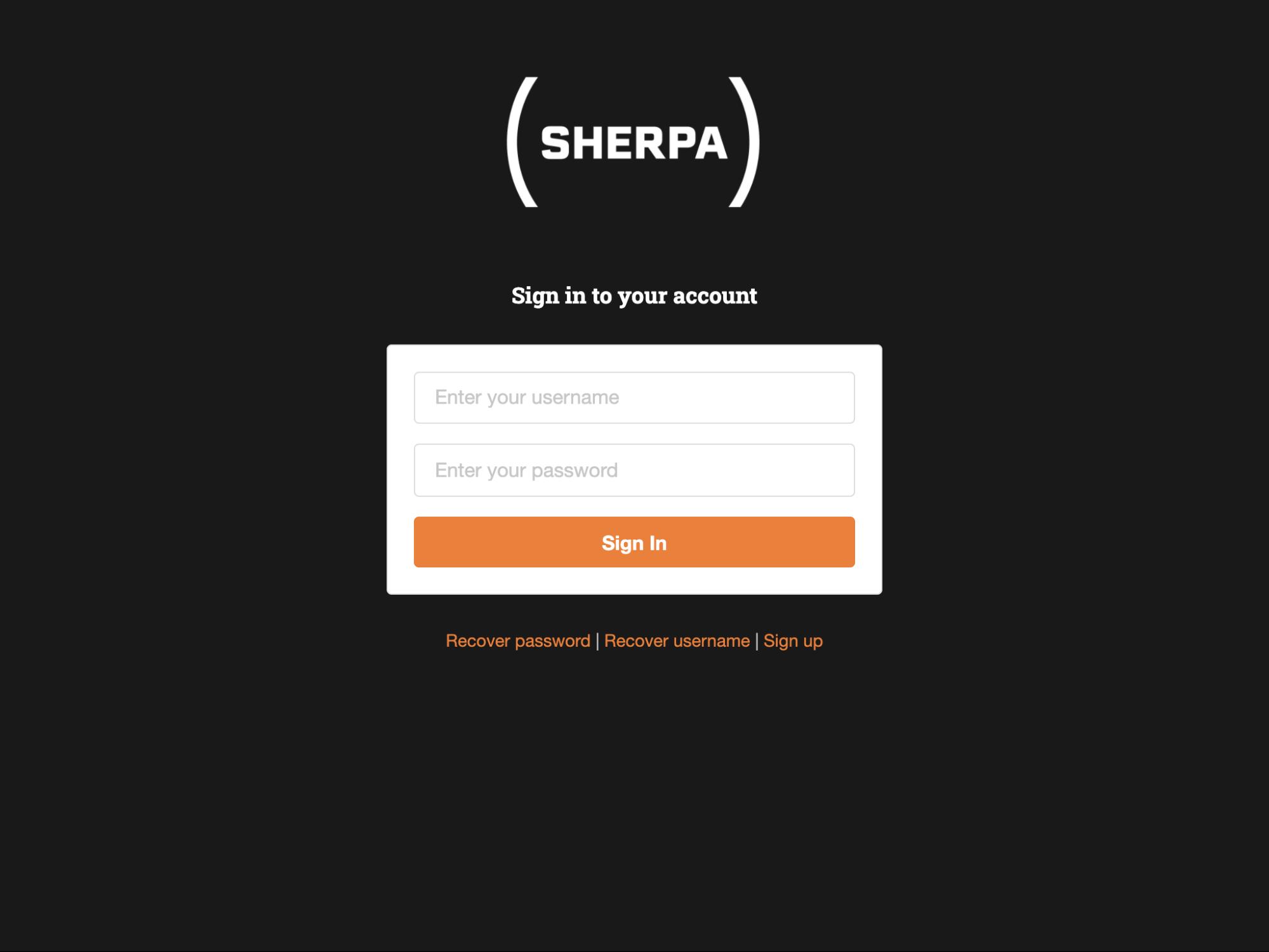 Sherpa login screen