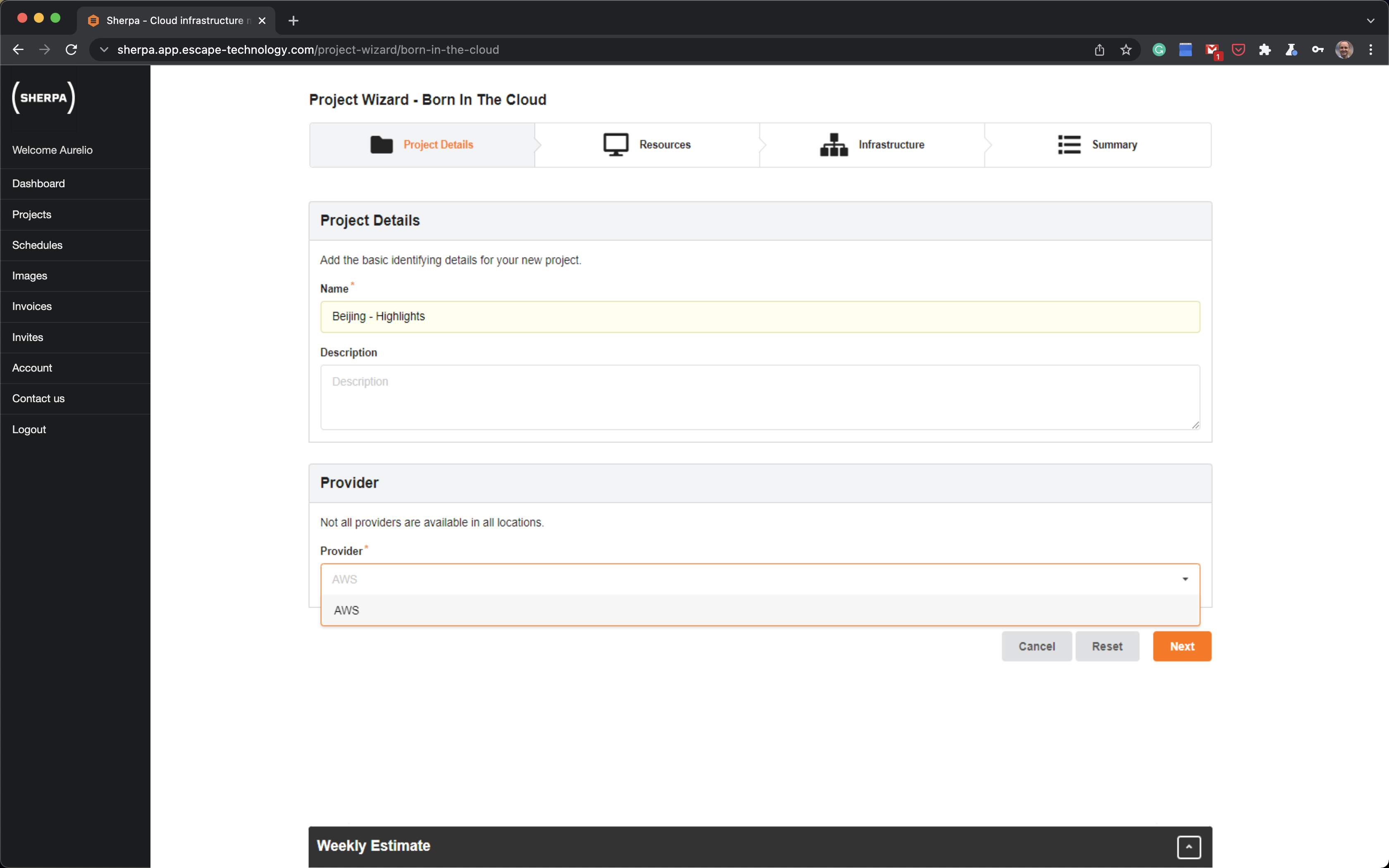 Project name and cloud provider