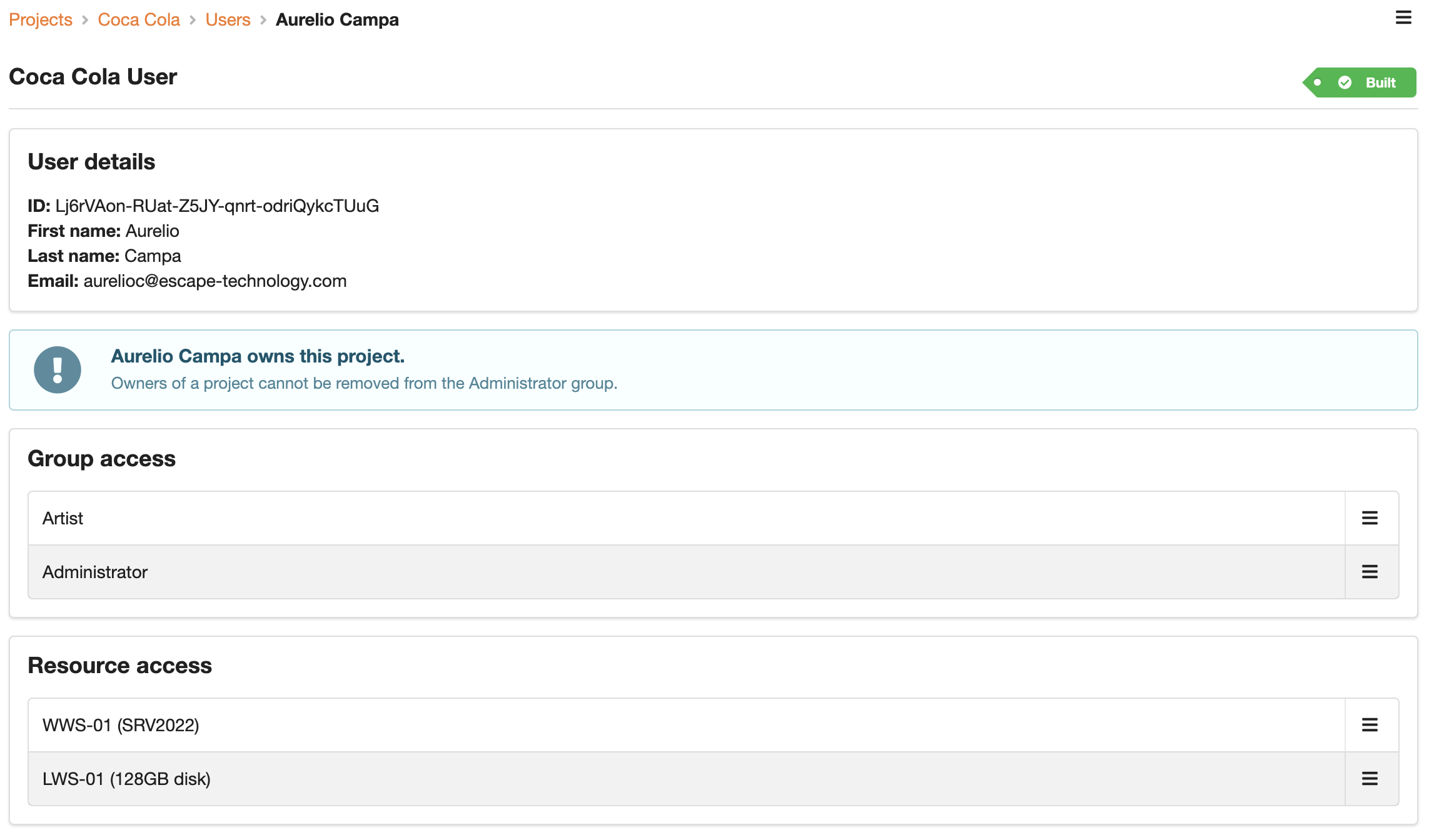 Users details in a project